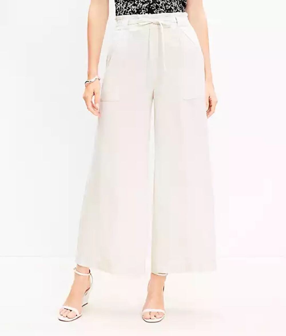 LOFT High Rise Drawstring Waist Wide Leg Trouser Pants White 10